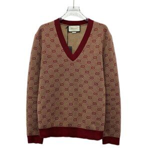CW0425 Gucci Beige & Burgundy GG Pattern Wool V-Neck Sweater